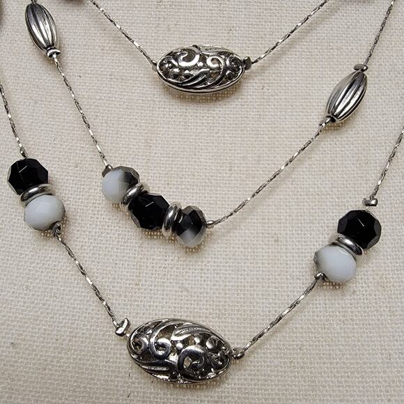 New York & Co Station Necklace Black White Silver Tone Triple Strand Beaded - Picture 2 of 4